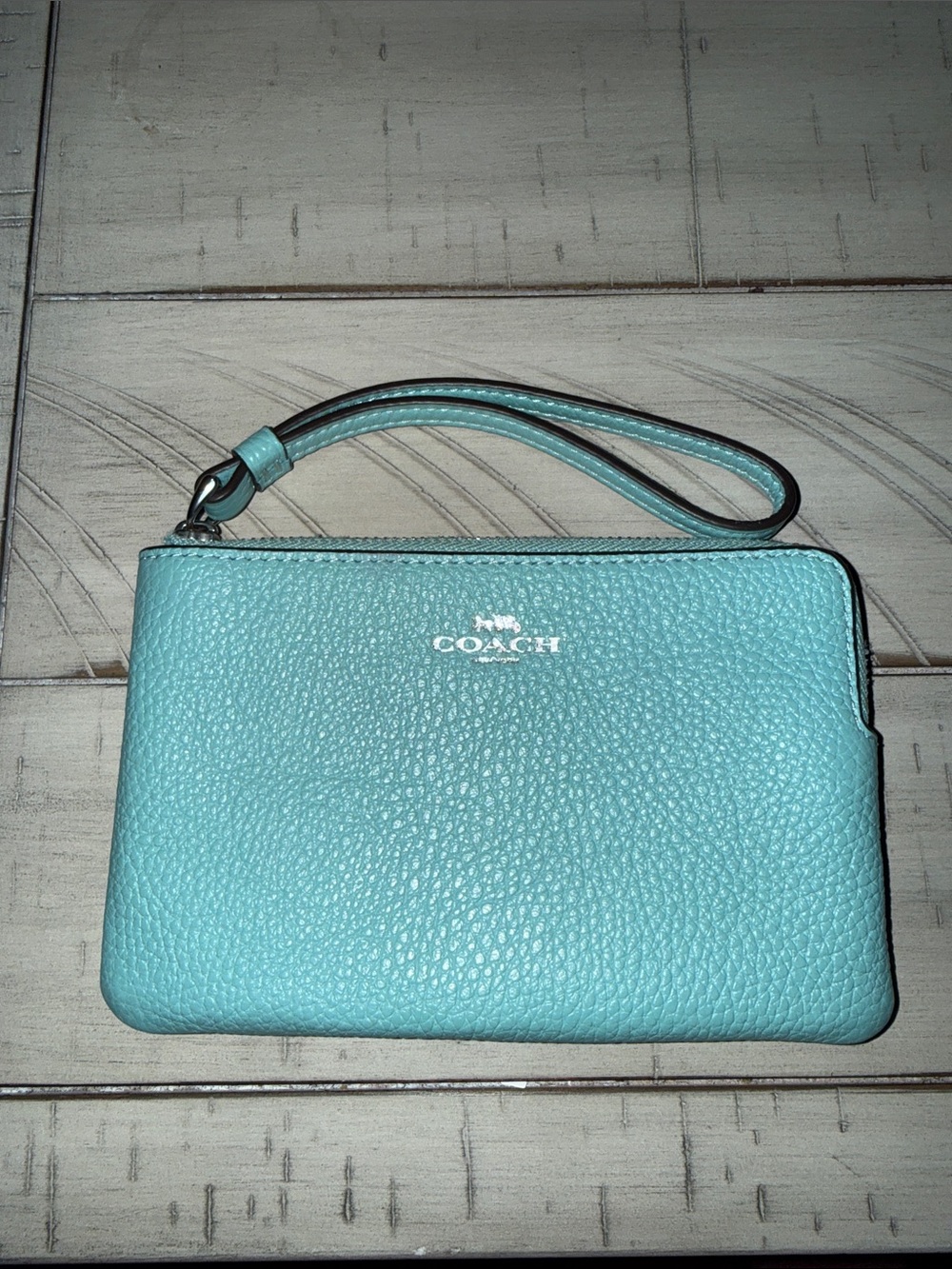 Coach Pebbled Leather Wristlet in Light Teal Blue